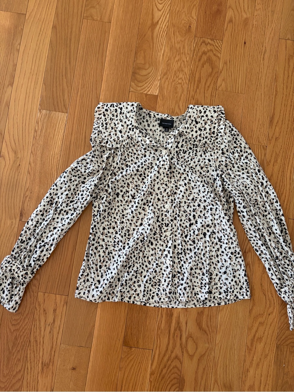 Who What Wear White Blouse with Black Spot Print and Ruffle Shoulders